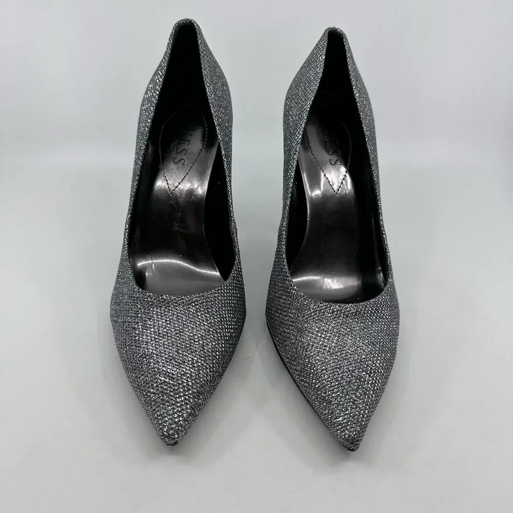 Guess Pointed Toe Glitter Pumps Womens 8 1/2 M Silver Dressy High Heels Office